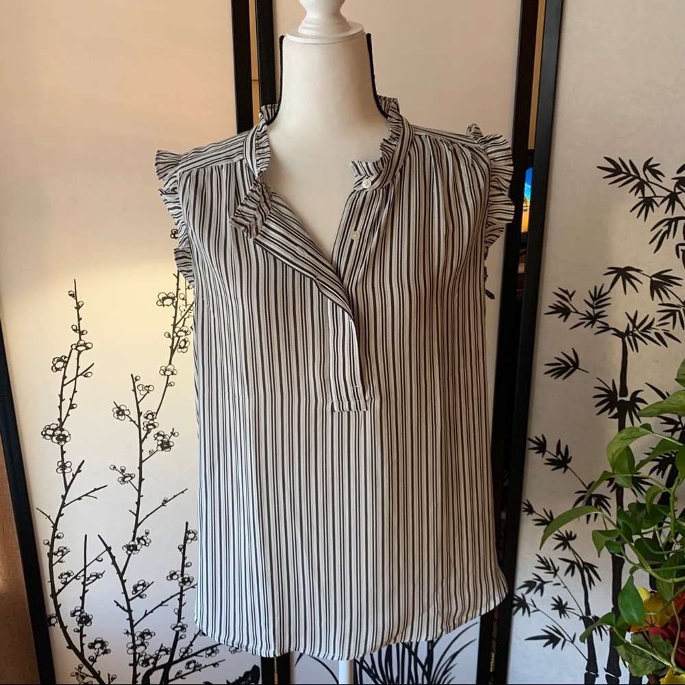 LOFT | White + Gray Striped Blouse Size Large
